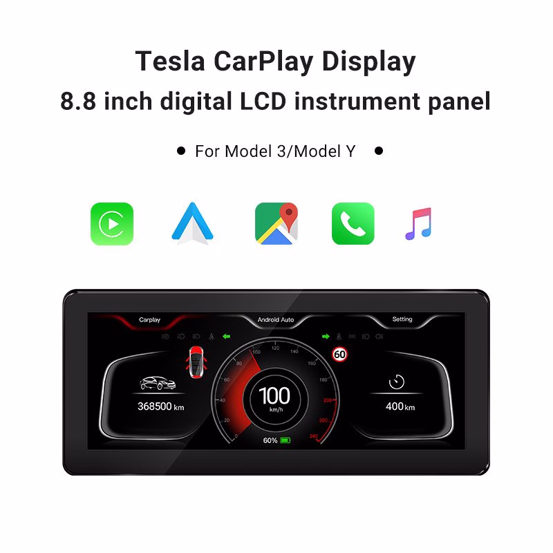 8.8″ Digital LCD Display with Apple CarPlay & Android Auto Multimedia Dashboard for Tesla Model 3 & Y - incarmusic.co.uk