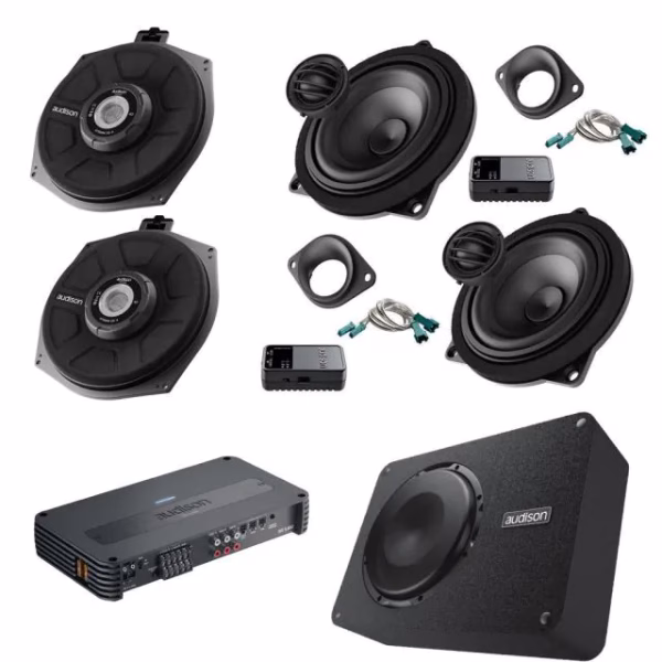 Audison BMW Car Audio Upgrade 4″ Speakers + Underseat Subs + 5 Channel Amp & Bass Box - incarmusic.co.uk