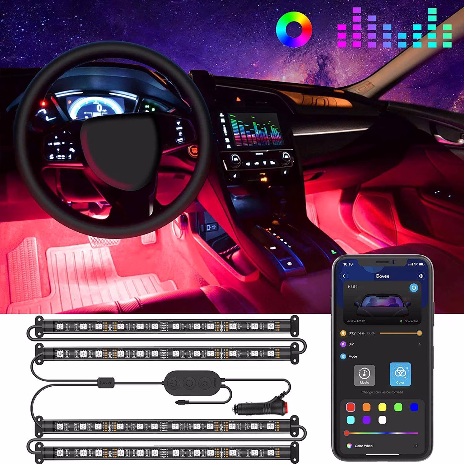 Interior 4 Footwell Car LED Strip Light, Ambient Lighting, Multi Colour Under Dash Car Lighting - incarmusic.co.uk