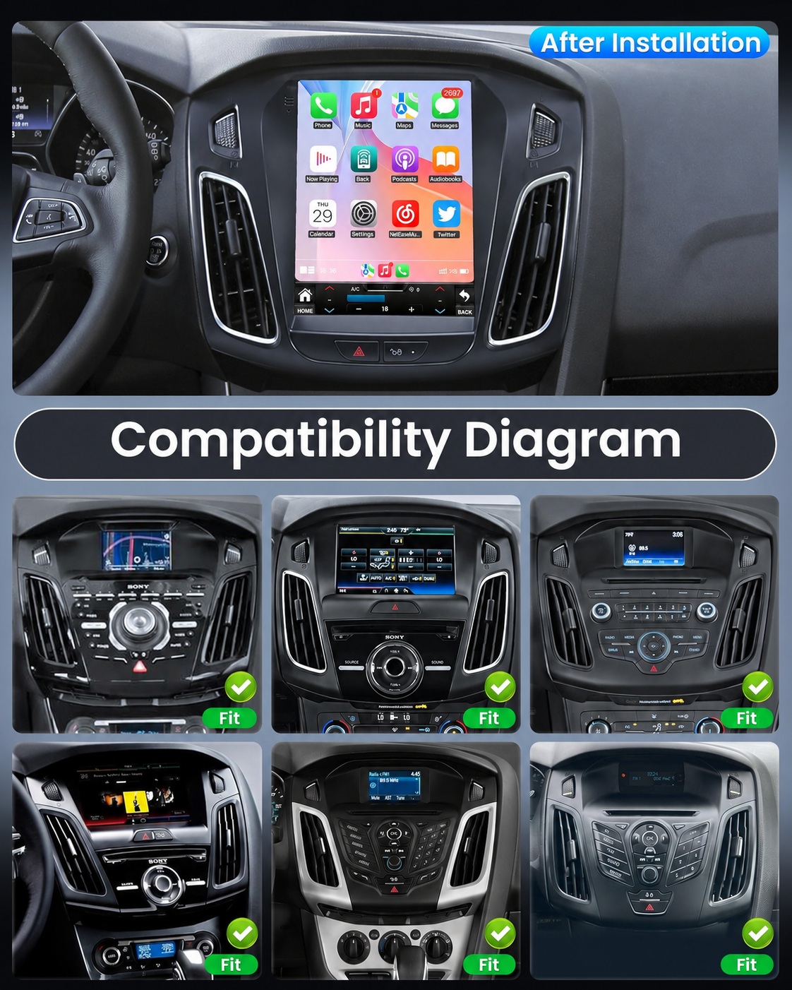 10.4" Android Auto Apple Carplay Car Stereo Multimedia Vertical Player Tesla Style Custom Fit for Ford Focus Sync 2 (2011-2017) - Image 3