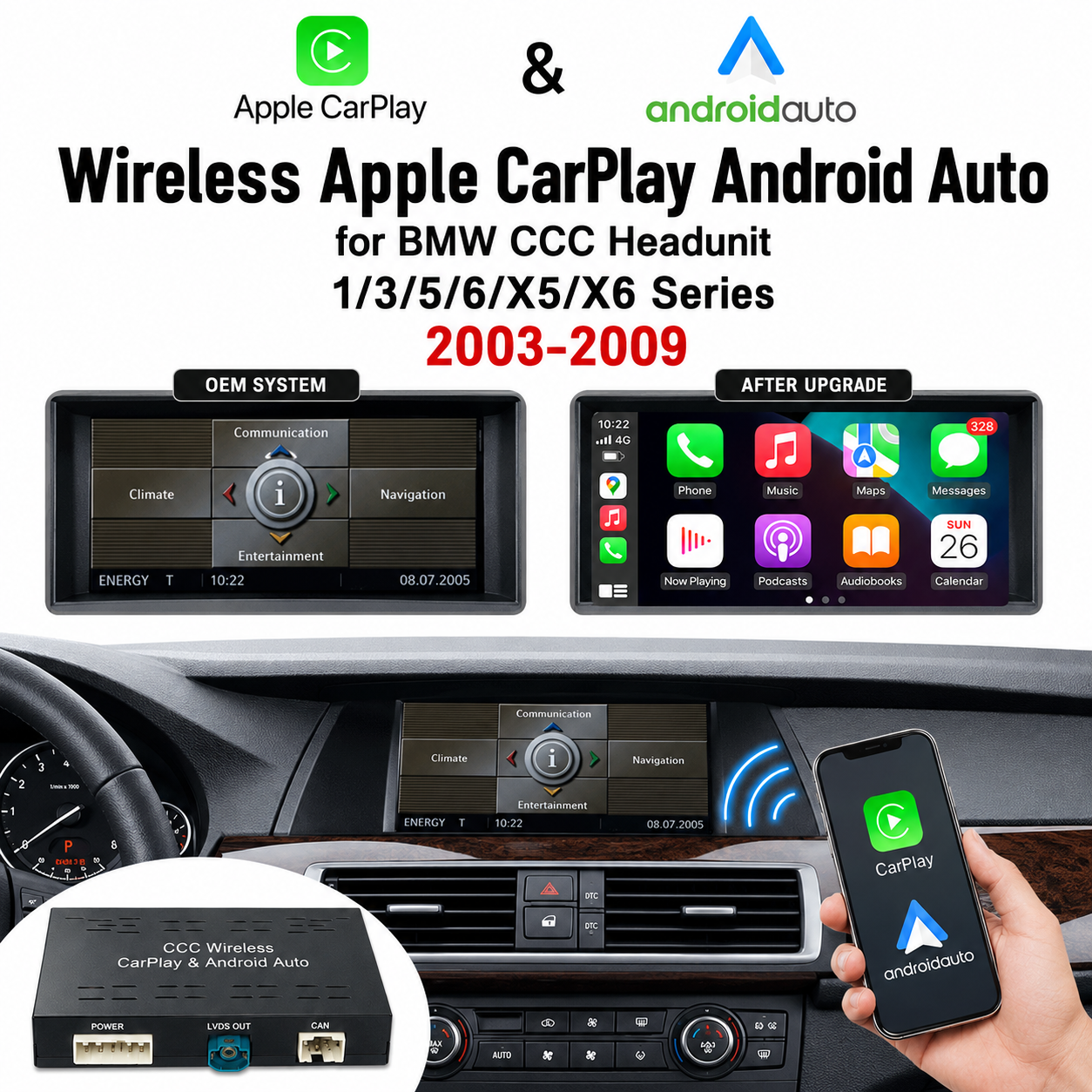 BMW CCC Wireless Apple CarPlay Android Auto Interface for 2003-2009 8.8" Head unit Screen