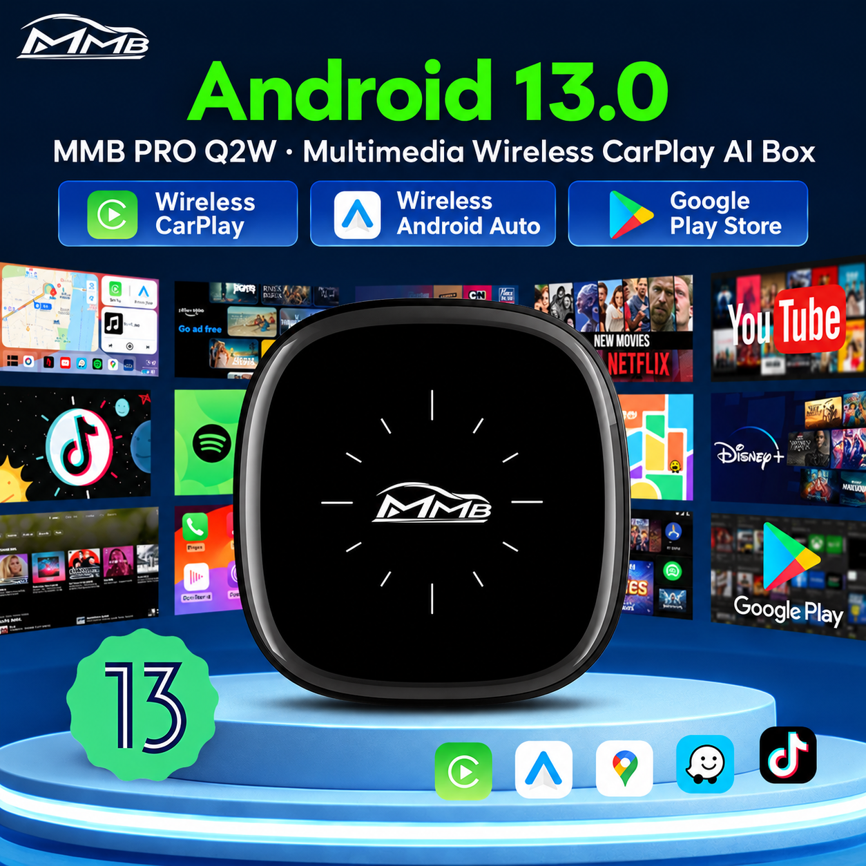 MMB Max Android 13 Ultra Box 8-Cores Wireless CarPlay Android Auto Ai Box 4+64G Auto Connection YouTube Netflix — OEM...