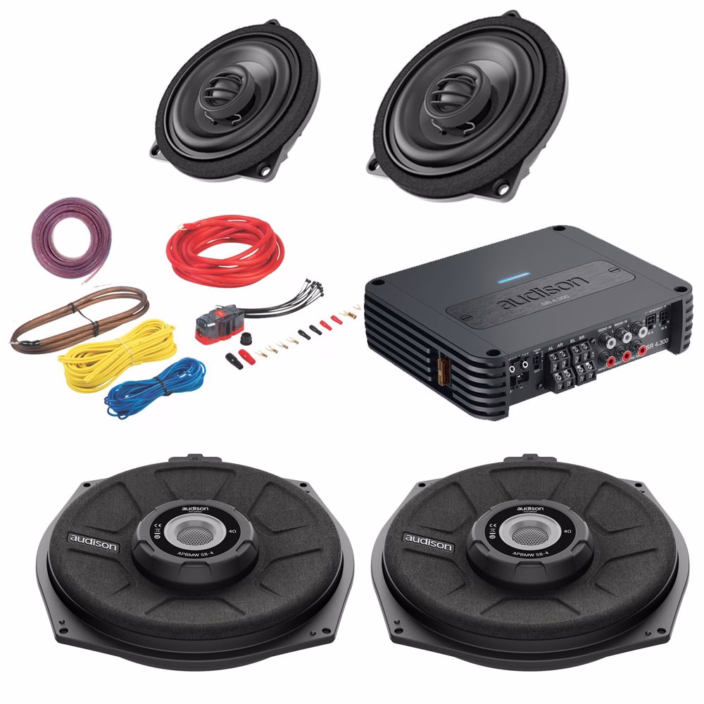 BMW 1,2,3,4,5,6,7,X Series Sound System upgrade for Front Door Speakers, Underseat Subwoofers with a 4 Channel Amplifier