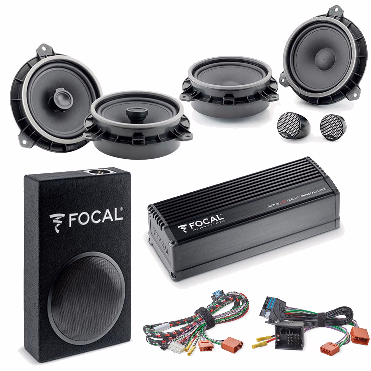 Focal Inside Car Audio Upgrade 2 Way Component and Coaxial Speaker plus Amplifier and Subwoofer Package for Toyota -...