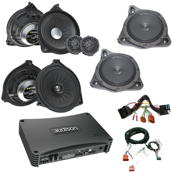 Mercedes Audio Upgrade Custom Package with Front Door 2-Way Component Speakers, Rear Door Coaxial Speakers, Woofers and Amplifier