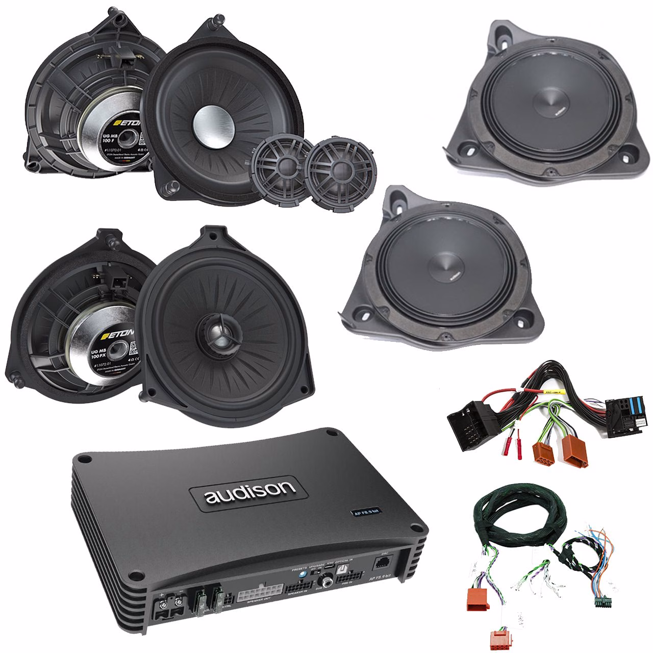 Mercedes Audio Upgrade Custom Package with Front Door 2-Way Component Speakers, Rear Door Coaxial Speakers, Woofers and...