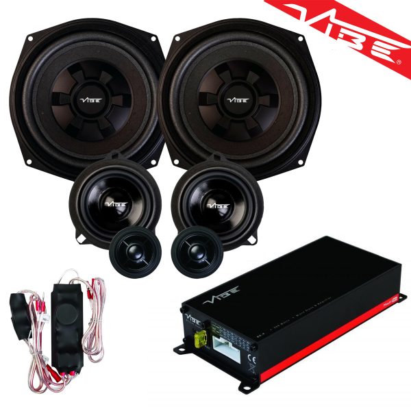 Vibe Car Audio 3 Way Component Door Speakers with Under-Seat Subwoofer and 4 Channel Amplifier Package for BMW