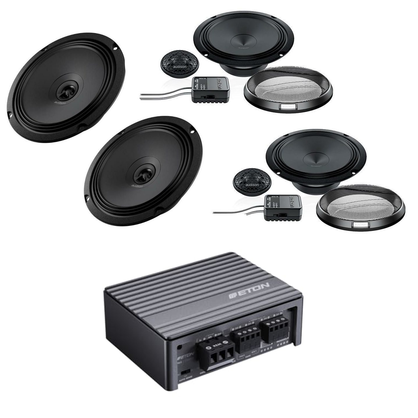 Audison Prima 2-way Coaxial & Component Car Speakers Kit Upgrade with 4 Channel Amplifier Universal Audio Package -...