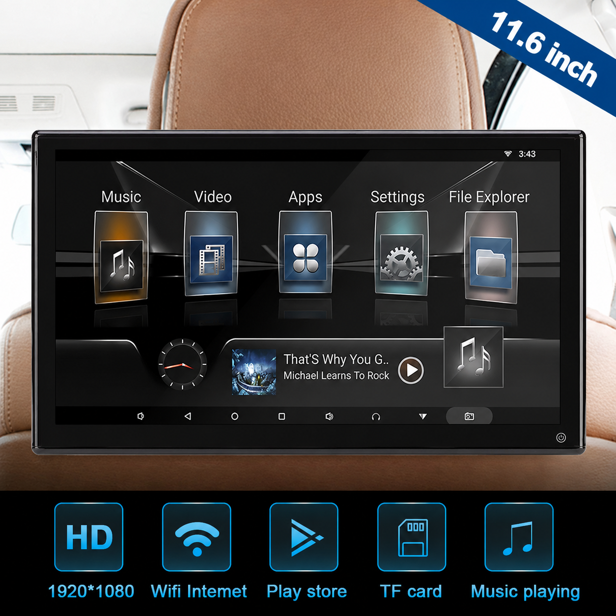 11.6″ FHD Android Headrest Screen Multimedia Player with USB, Wifi, Bluetooth and HDMI Input Output Port - Image 2