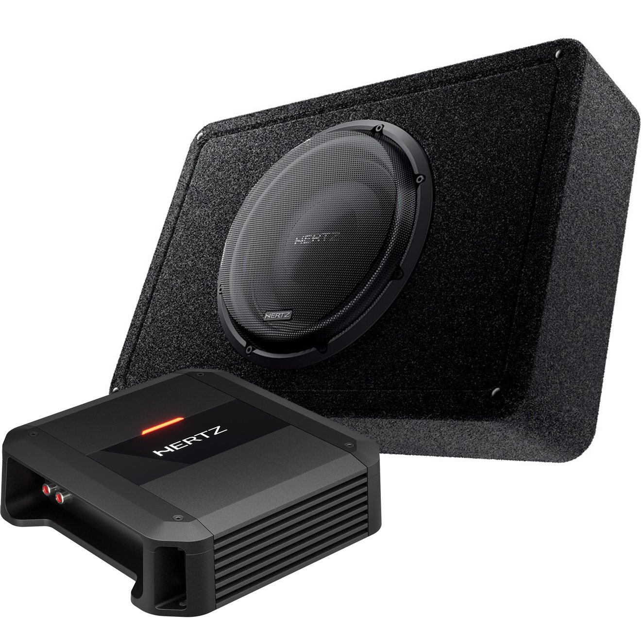 Hertz Mille Pro MPBX 300 S2 12″ Enclosed Subwoofer & Hertz Dieci DP1.500 One Channel Amplifier – Package