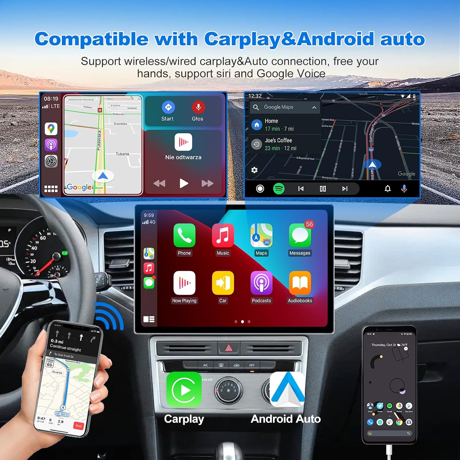 Visual ICM 10 Inch Screen Universal Double Din Wired Wireless Android Auto Carplay Car Player 4+64GB Touchscreen Stereo...