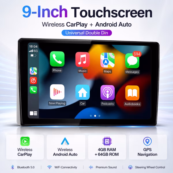 ICM 9 Inch Screen Universal Double Din Wired Wireless Android Auto Carplay Car Player 4+64GB Touchscreen Stereo Navigation...