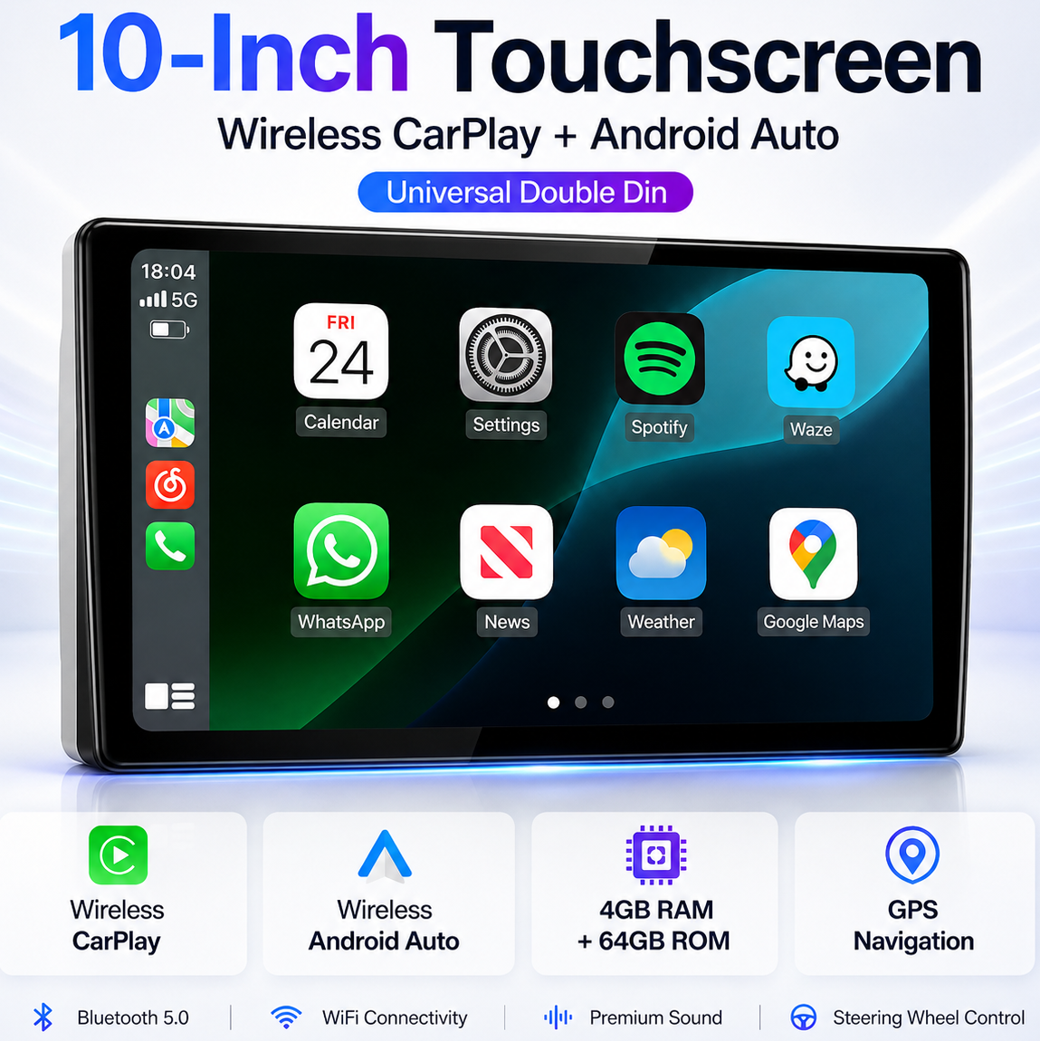 ICM 10 Inch Screen Universal Double Din Wired Wireless Android Auto Carplay Car Player 4+64GB Touchscreen Stereo Navigation...