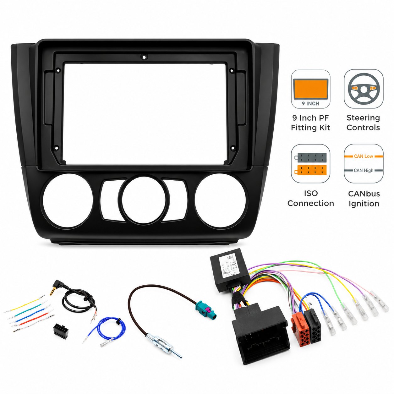 9″ Complete Installation Kit For BMW 1 Series (E81/E82/E87/E88) 2007-2013 SWC – Manual Air Con — view main · Fitting...