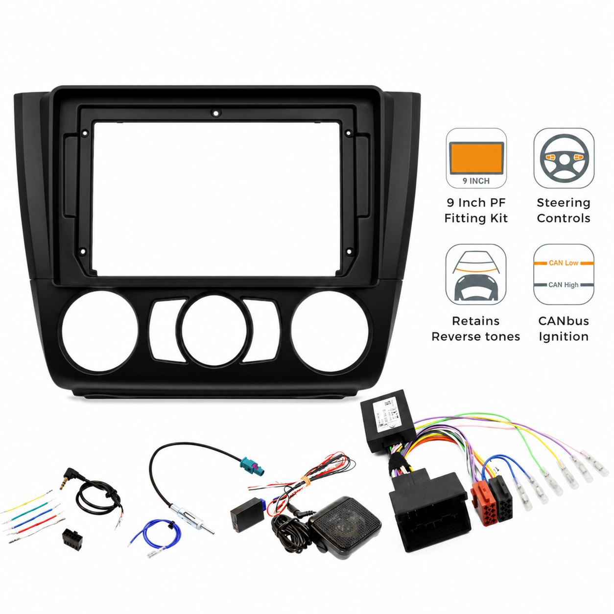 9″ Complete Installation Kit For BMW 1 Series (E81/E82/E87/E88) 2007-2013 SWC/PDC – Manual Air Con — view main · Fitting...