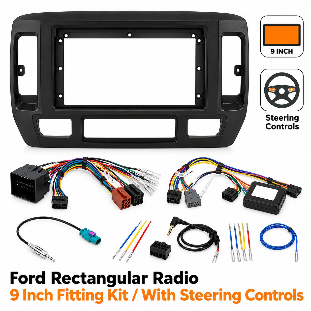 9″ Complete Installation Kit For Ford Rectangular Radio Models – With SWC — view main · Fitting Accessories |...