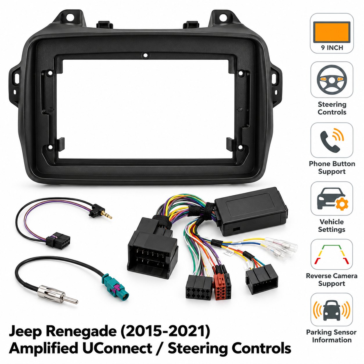 Photo: 9″ Complete Installation Kit For Jeep Renegade 2015-2021 – Amplified UConnect / SWC · Jeep | incarmusic.co.uk