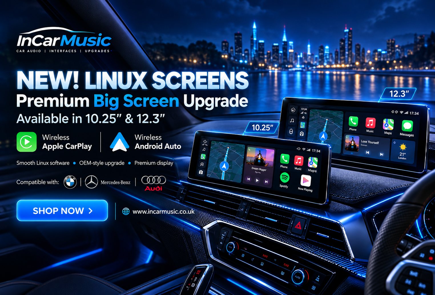 New Linux Screens - premium big screen upgrade with wireless CarPlay and Android Auto