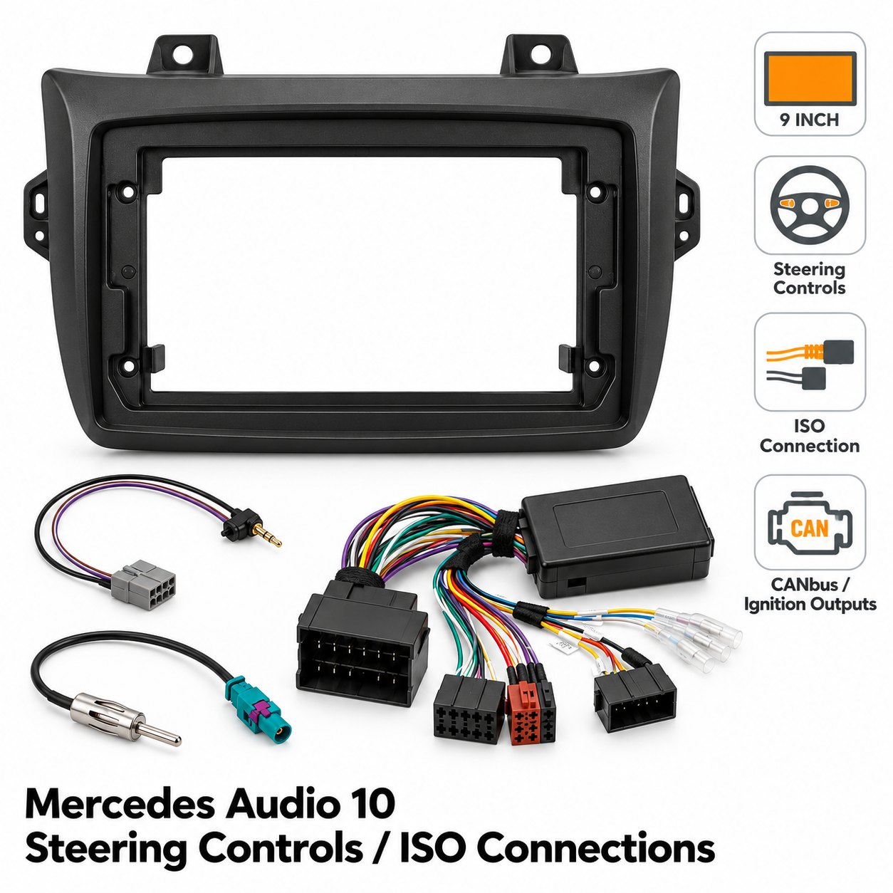 9″ Complete Installation Kit For Mercedes Audio 10 (ISO) – With Steering Controls — Fitting Accessories | photo |...