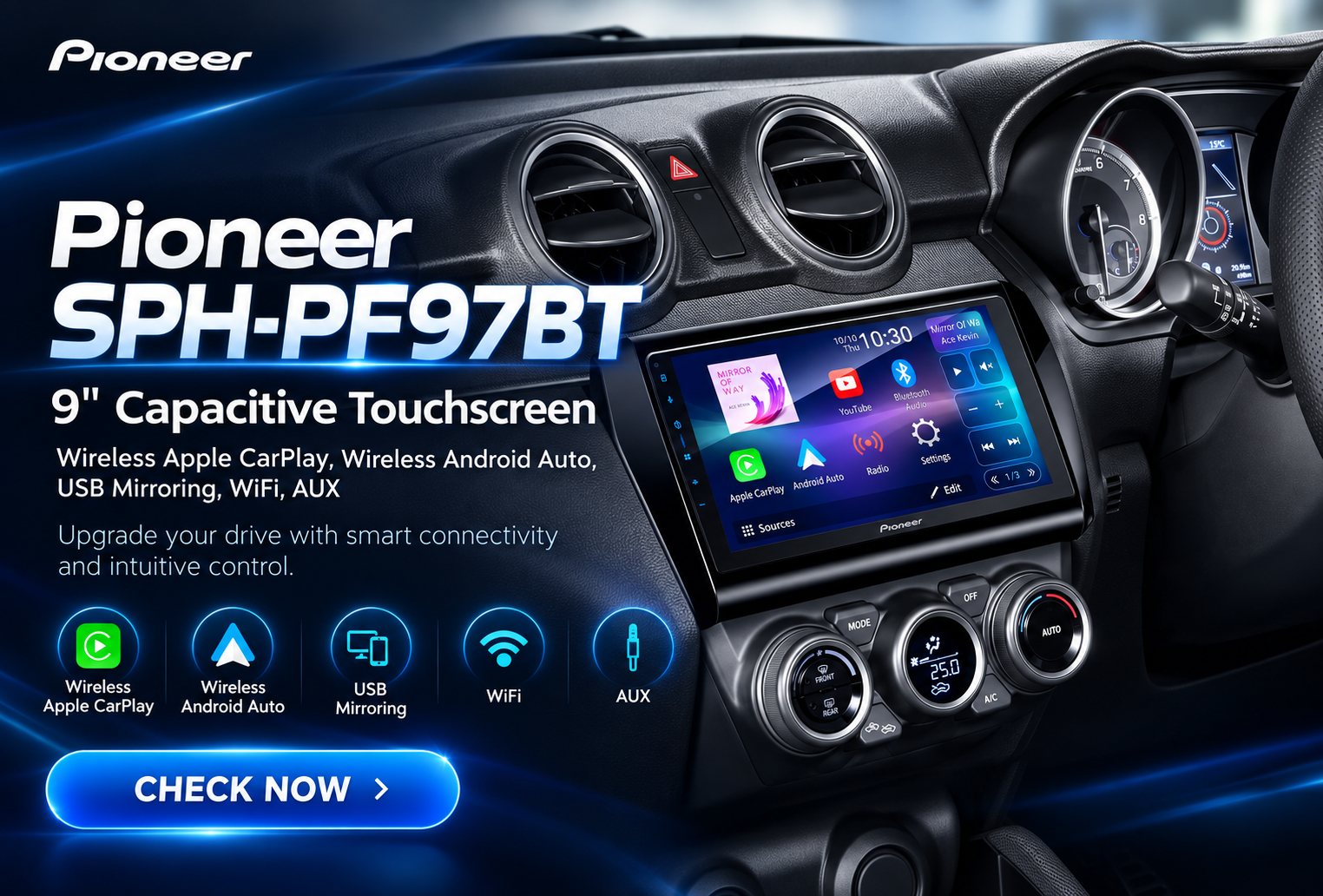 Pioneer SPH-PF97BT 9 inch touchscreen with wireless Apple CarPlay and Android Auto